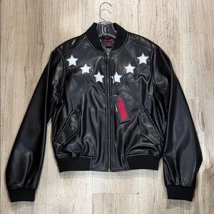 Rock & Roll Cowgirl Black Faux Leather Star-Accent Bomber Jacket